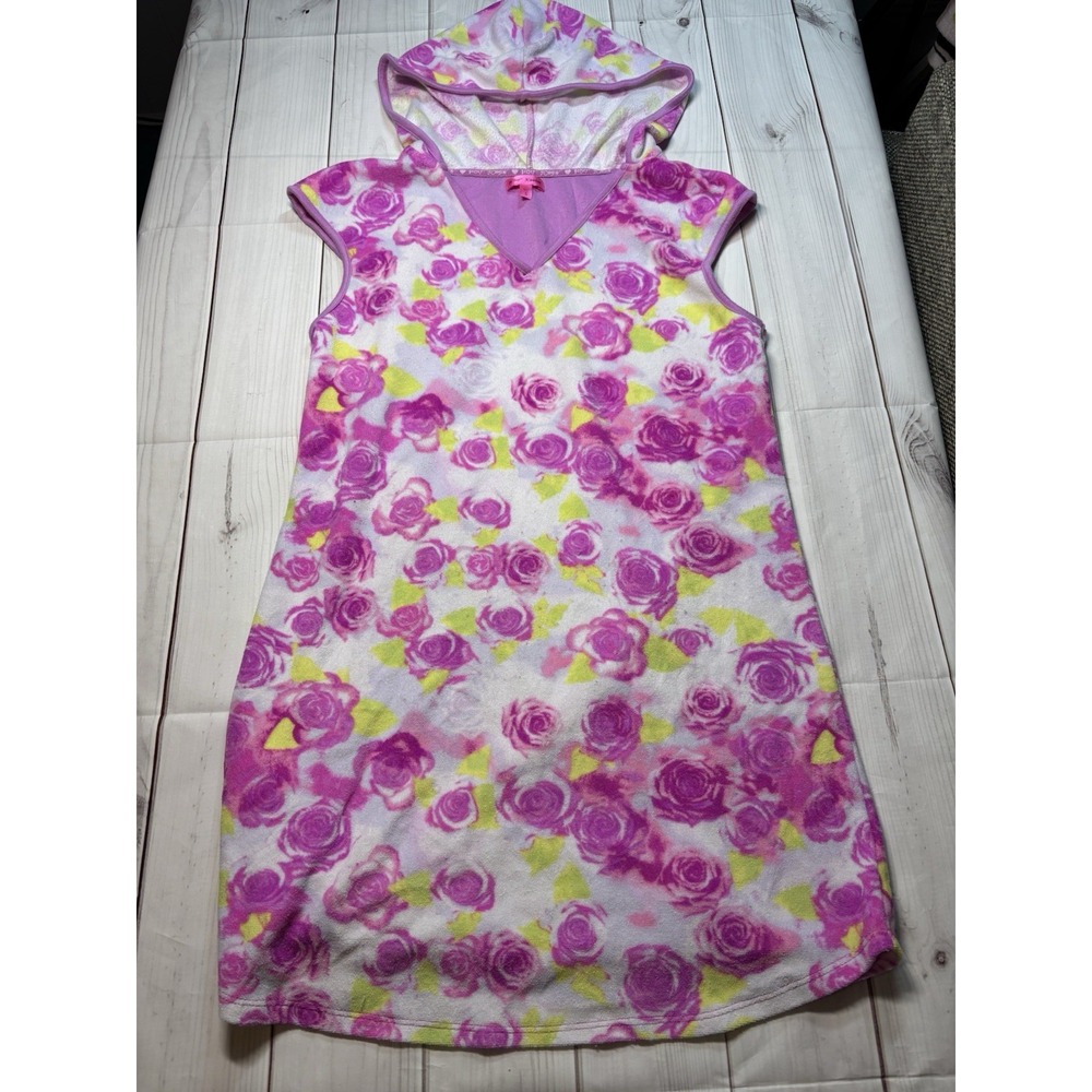 Betsey Johnson Terry Cloth Hooded Swim Cover up Purple Floral Small
